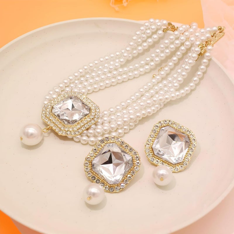 CIOOU Pearl Choker Necklace for Women Gold Crystal Rhinestone Pearl Collar Statement Necklaces Earrings Bridal Pearls Diamond jewelry Set for Wedding - Image 3